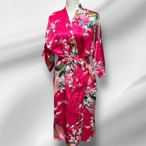 Sam Well, NWT,  Beautiful Pink Silk Peacock and Floral Robe with Wrap Design